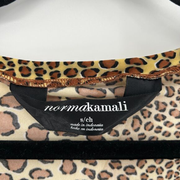 NORMA KAMALI Brown Yellow Leopard Print Scoop Neck Jersey Stretch Shirt Small - Picture 7 of 8